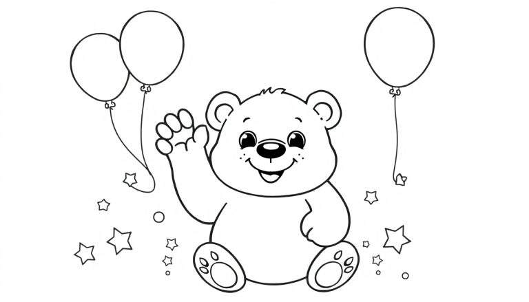A black and white cartoon teddy bear sitting and waving, surrounded by balloons and stars, a delightful color panel.
