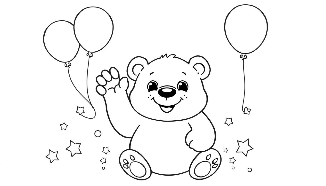 A black and white cartoon teddy bear sitting and waving, surrounded by balloons and stars, a delightful color panel.
