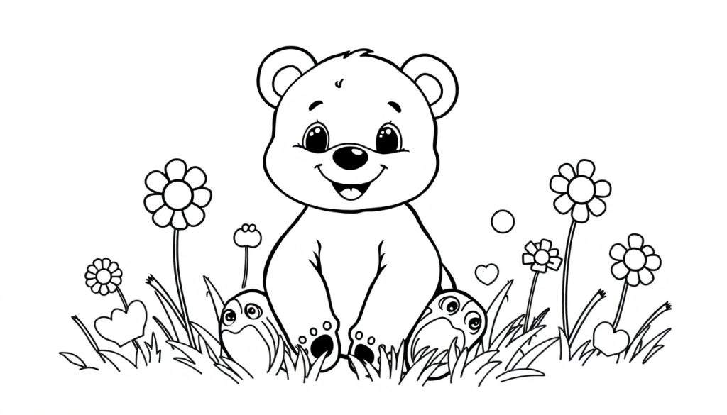 A black and white line drawing of a happy cartoon bear cub in a flower field, ready for a color panel.
