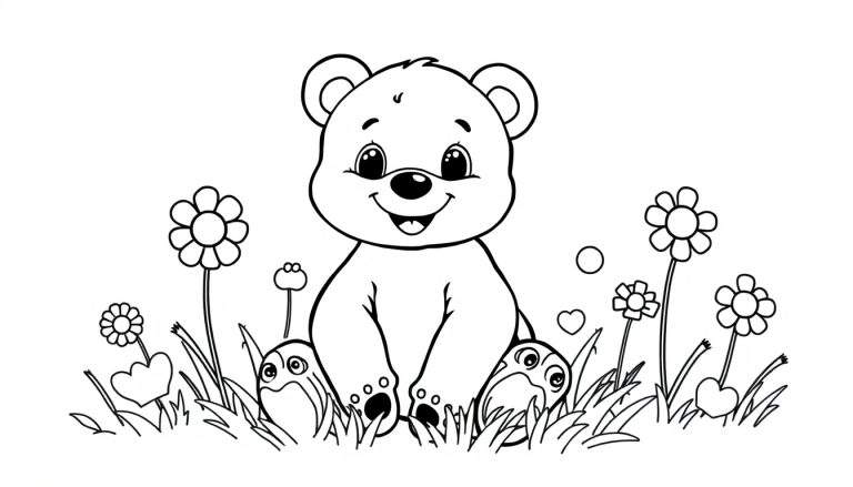 A black and white line drawing of a happy cartoon bear cub in a flower field, ready for a color panel.