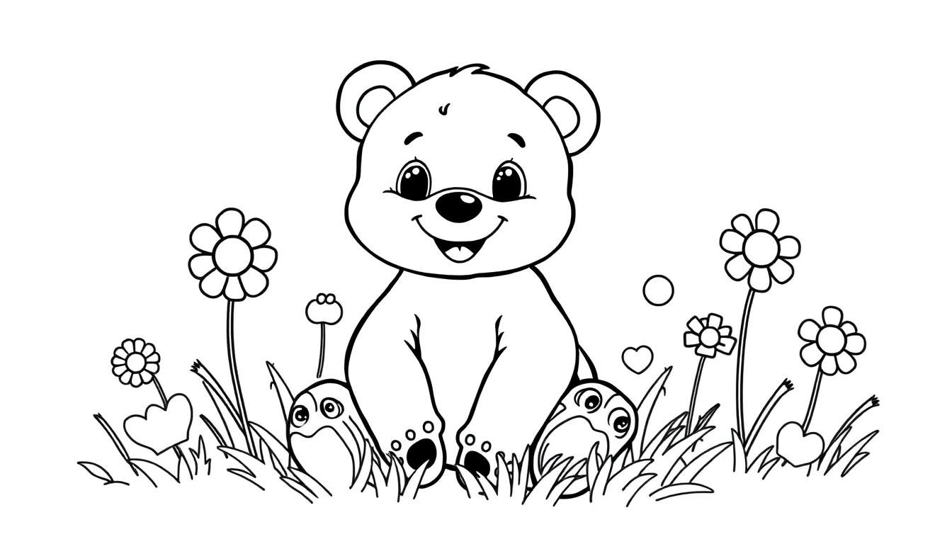 A black and white line drawing of a happy cartoon bear cub in a flower field, ready for a color panel.