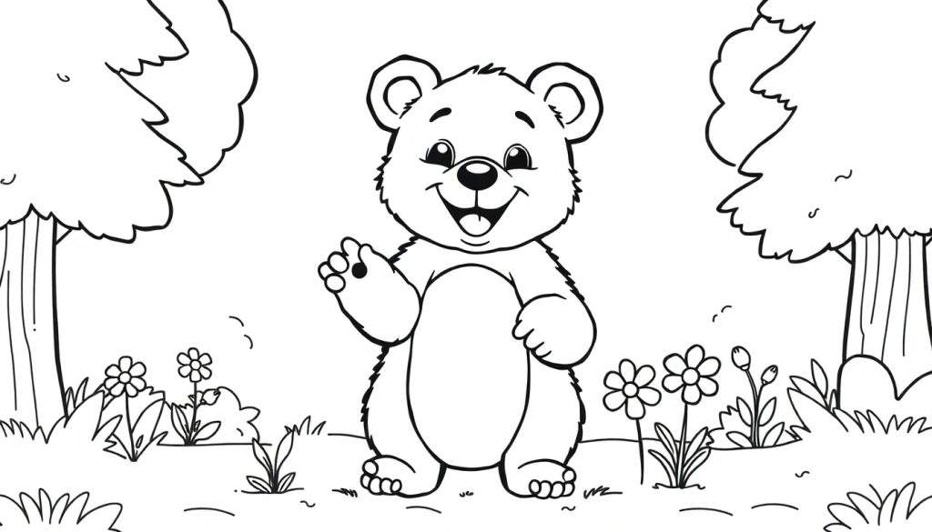 A cute bear cub in a forest clearing, waving hello in this black and white color panel.
