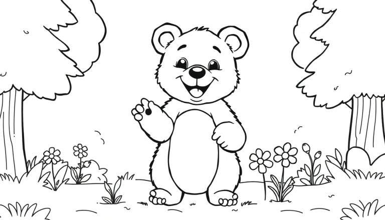 A cute bear cub in a forest clearing, waving hello in this black and white color panel.