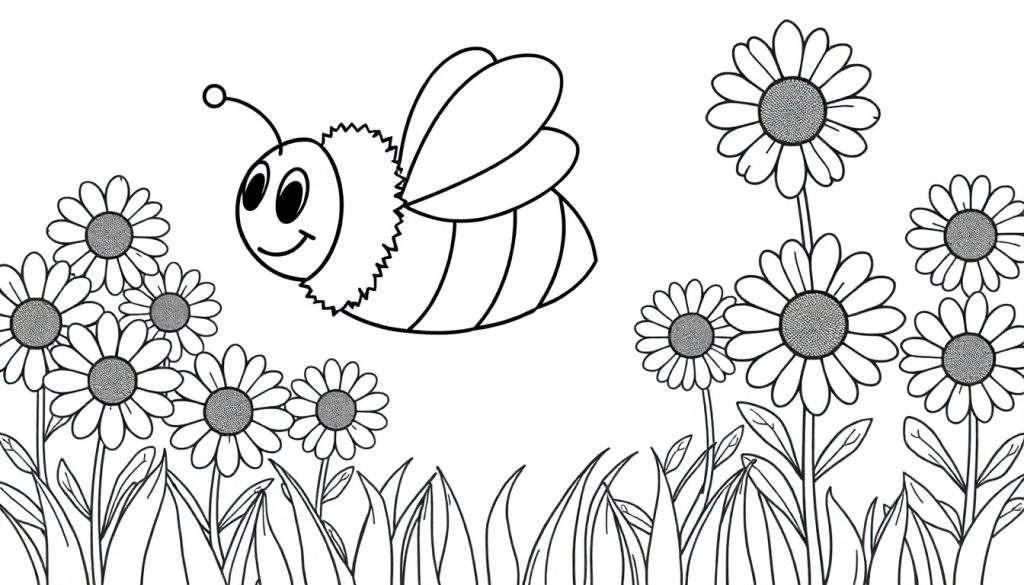 A black and white coloring panel of a happy bee flying among daisies and sunflowers.