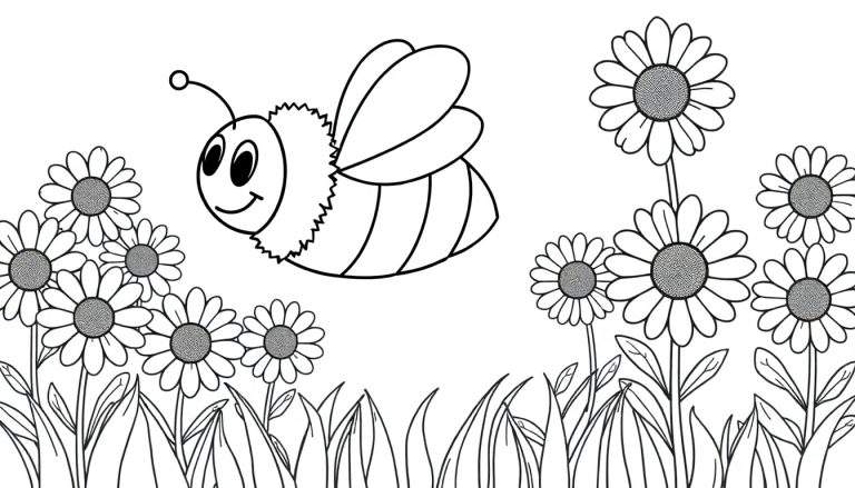 A black and white coloring panel of a happy bee flying among daisies and sunflowers.