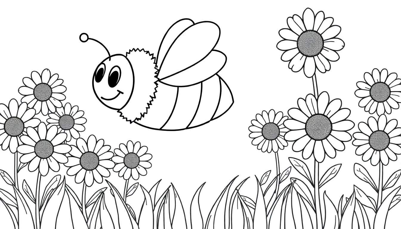 A black and white coloring panel of a happy bee flying among daisies and sunflowers.
