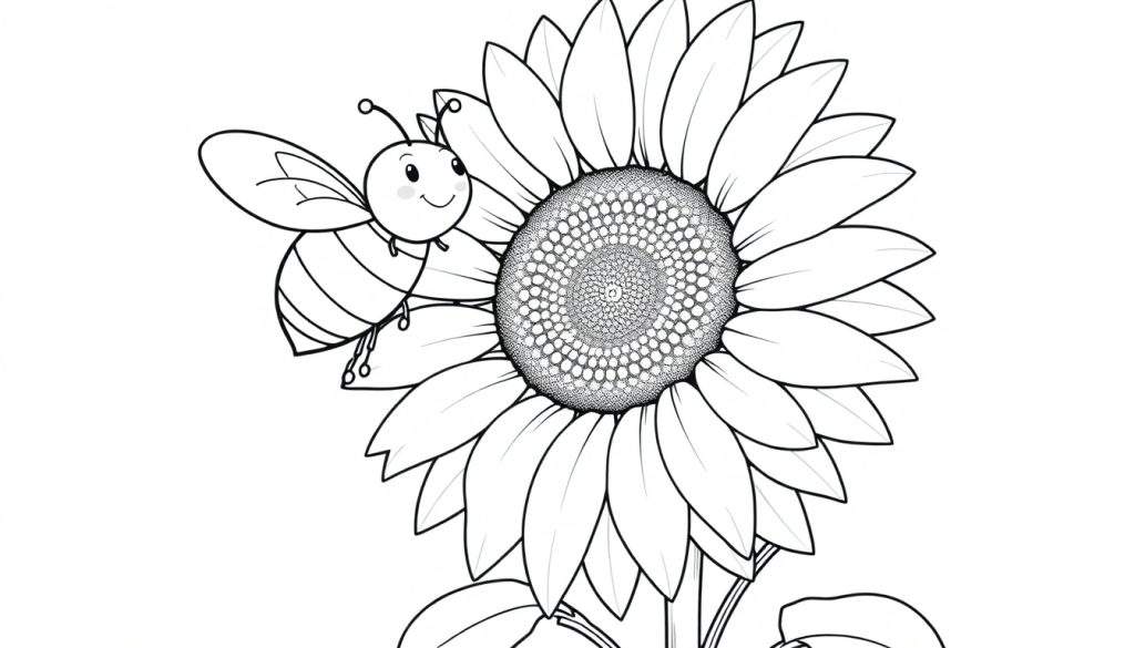 A friendly bee buzzing around a giant sunflower, a fun color panel.