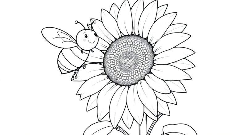 A friendly bee buzzing around a giant sunflower, a fun color panel.