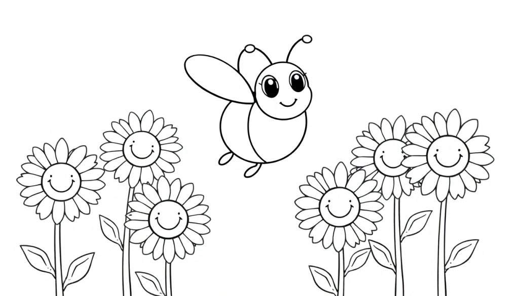 A black and white coloring panel showing a cute bee with big eyes and a smile hovering over happy sunflowers.