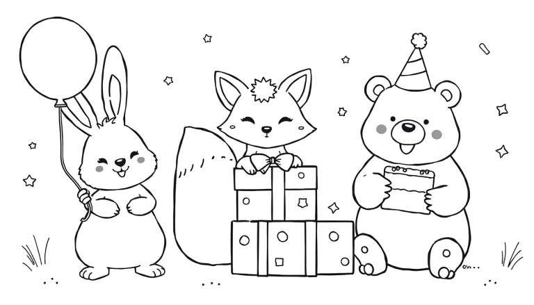 A black and white illustration of a rabbit, fox, and bear celebrating a birthday, with stars and confetti, perfect for a color panel.