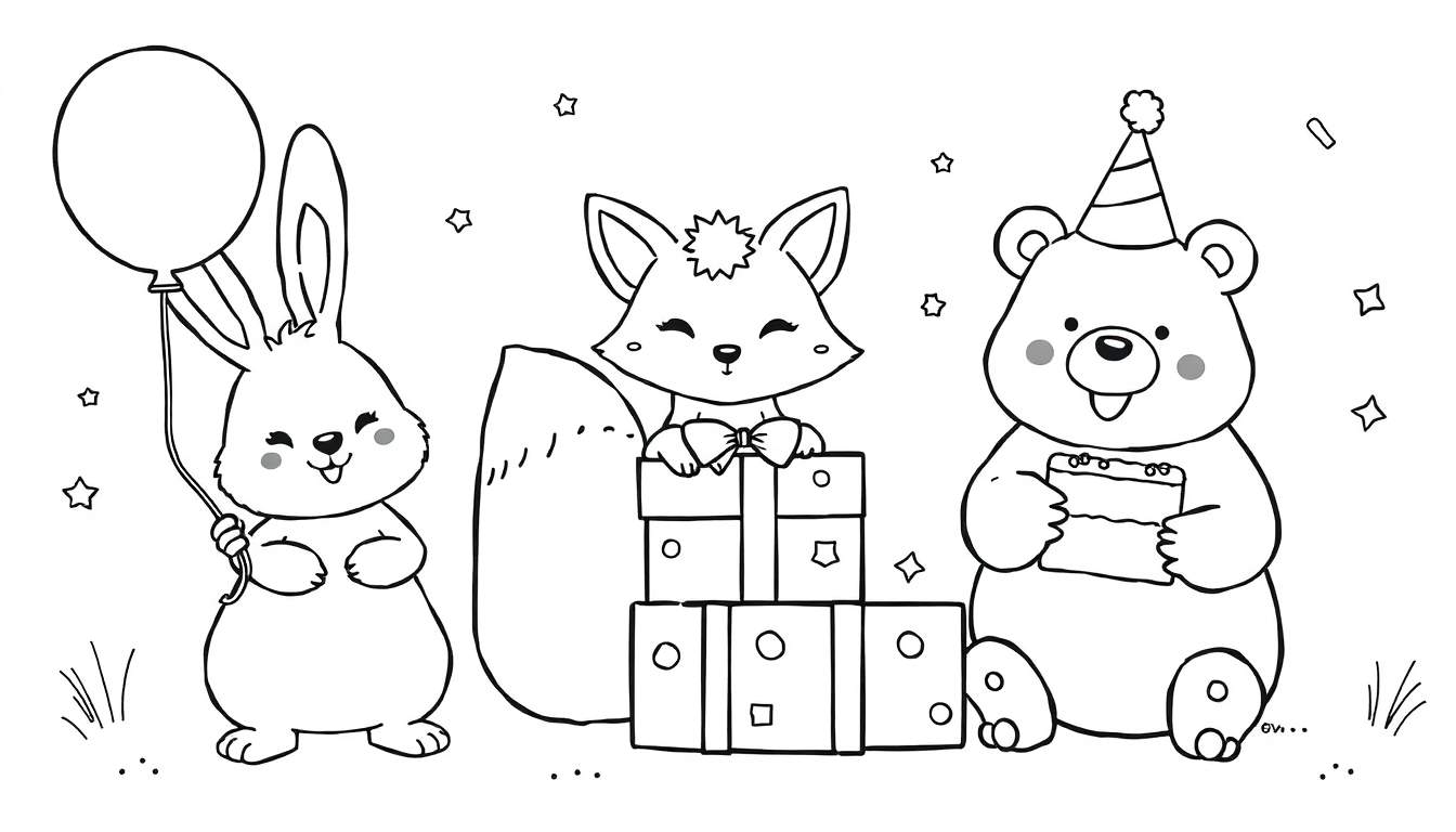 A black and white illustration of a rabbit, fox, and bear celebrating a birthday, with stars and confetti, perfect for a color panel.