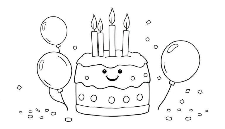 A black and white color panel of a smiling birthday cake with lit candles, balloons, and confetti.