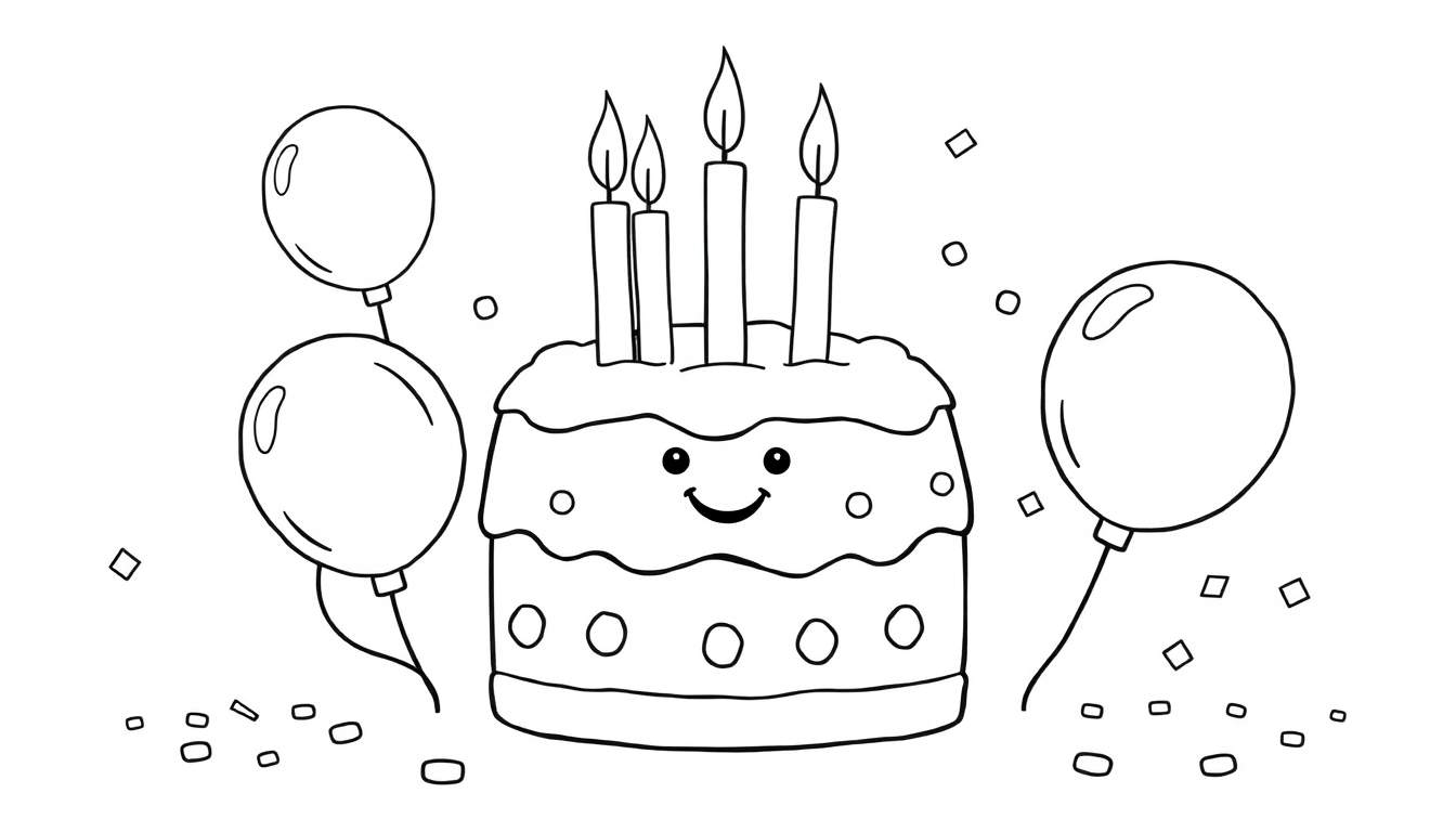 A black and white color panel of a smiling birthday cake with lit candles, balloons, and confetti.