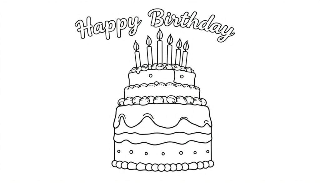 A black and white outline of a birthday cake with multiple layers, candles on top, and the words "Happy Birthday" for coloring.