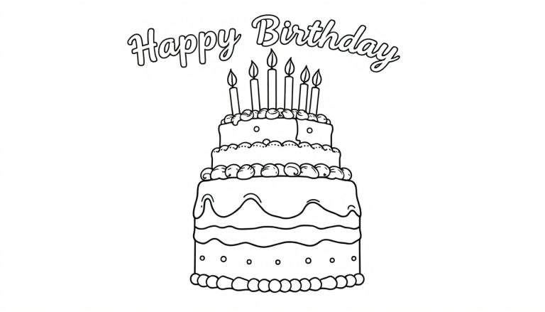 A black and white outline of a birthday cake with multiple layers, candles on top, and the words "Happy Birthday" for coloring.