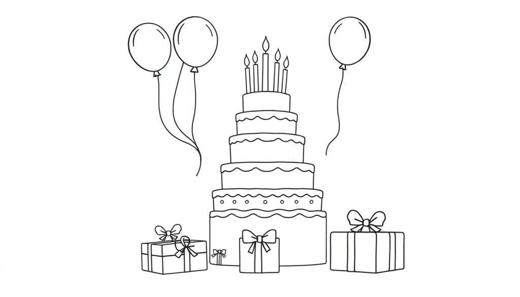 A black and white coloring page of a birthday celebration featuring a cake with candles, balloons, and presents, ready for the color panel.