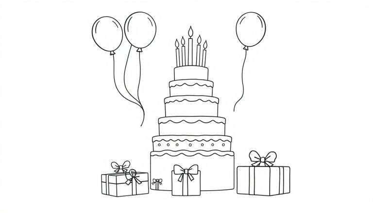 A black and white coloring page of a birthday celebration featuring a cake with candles, balloons, and presents, ready for the color panel.