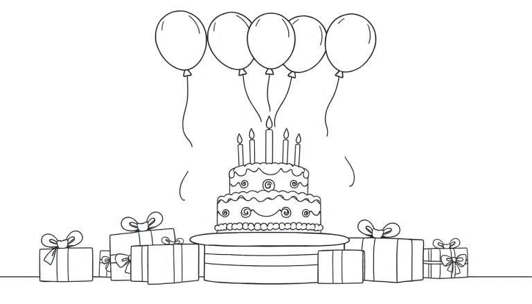 Black and white color panel outline of a birthday party with a cake, balloons, and gifts.