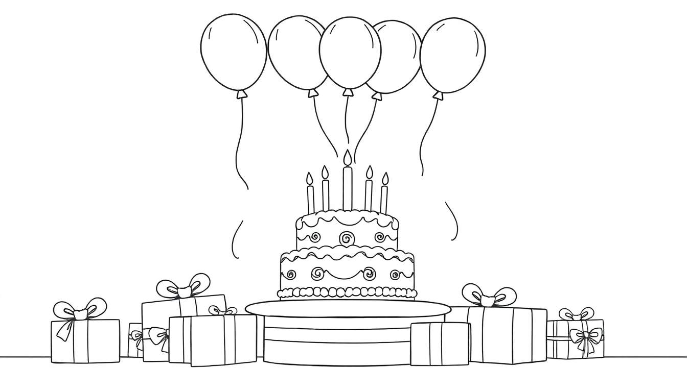 Black and white color panel outline of a birthday party with a cake, balloons, and gifts.