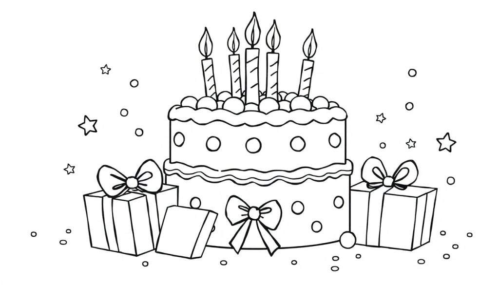 A black and white line drawing of a birthday cake with candles and presents, a fun color panel for kids.