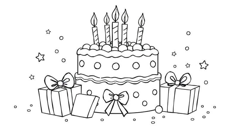 A black and white line drawing of a birthday cake with candles and presents, a fun color panel for kids.
