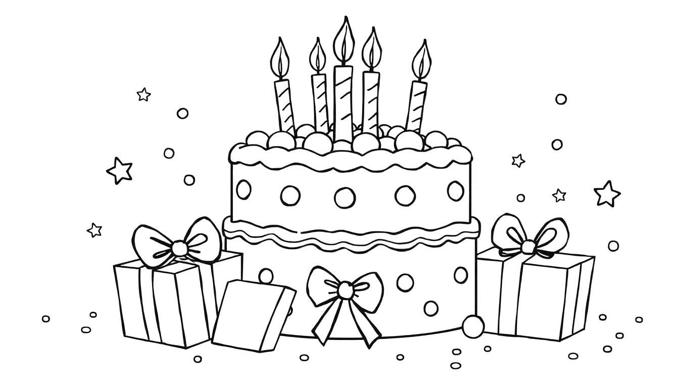 A black and white line drawing of a birthday cake with candles and presents, a fun color panel for kids.