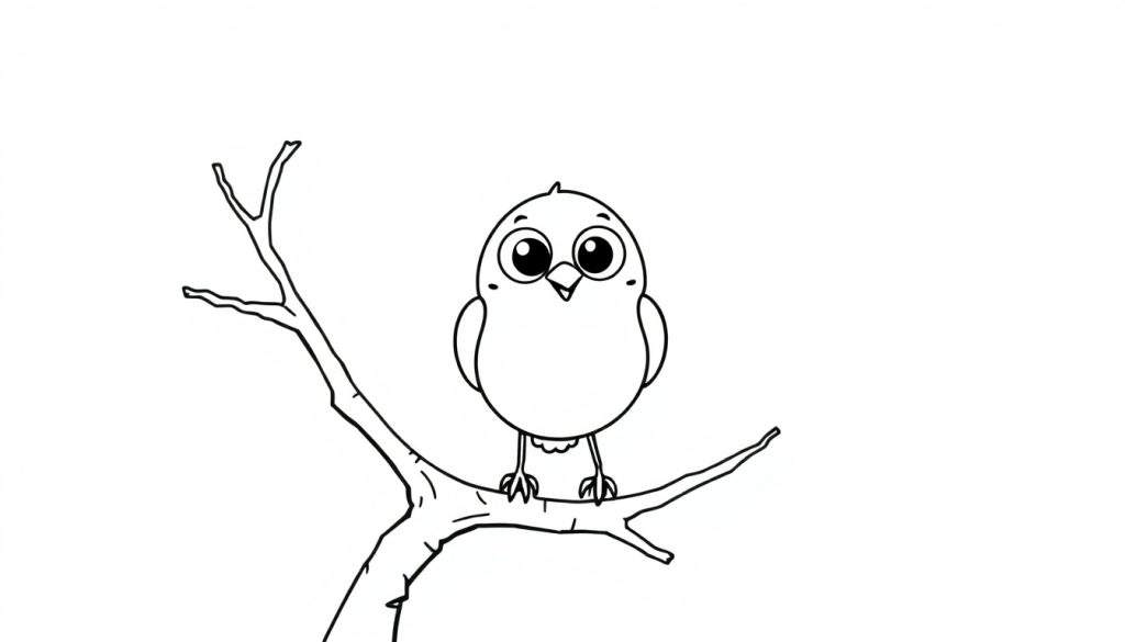 A happy little bluebird with big eyes, ready for coloring. This is a black and white outline color panel.