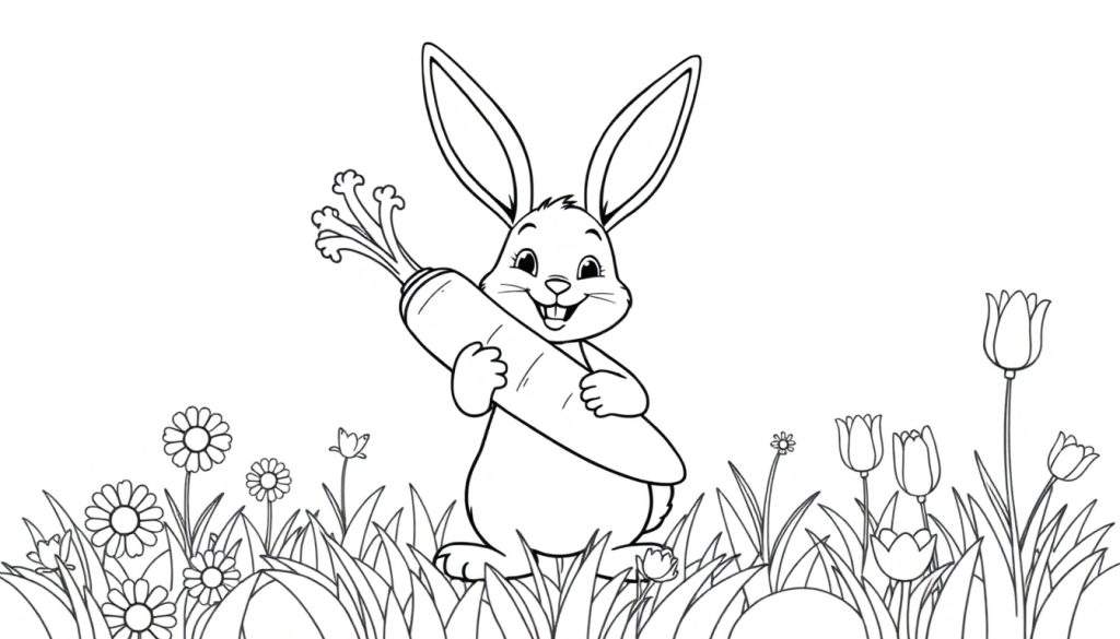 A happy bunny with a giant carrot in a black and white coloring panel, surrounded by flowers.