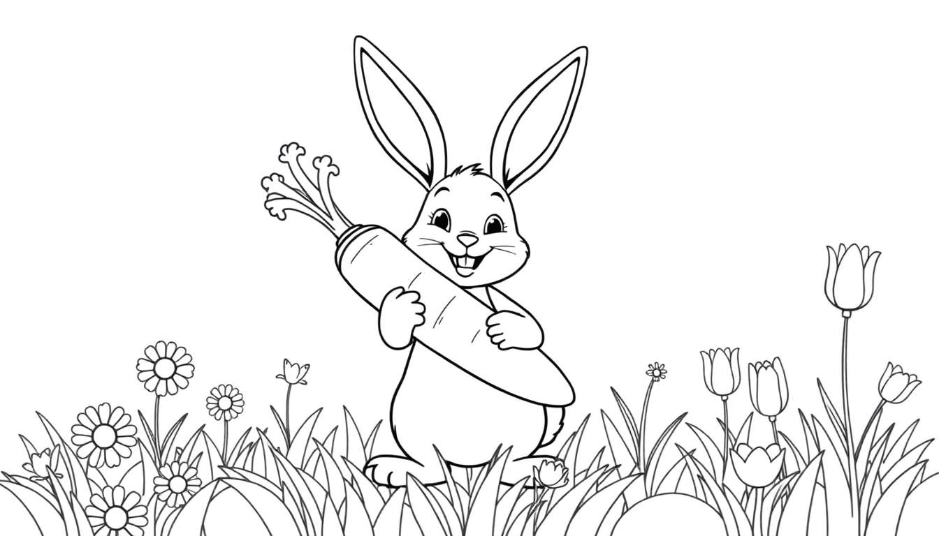 A happy bunny with a giant carrot in a black and white coloring panel, surrounded by flowers.