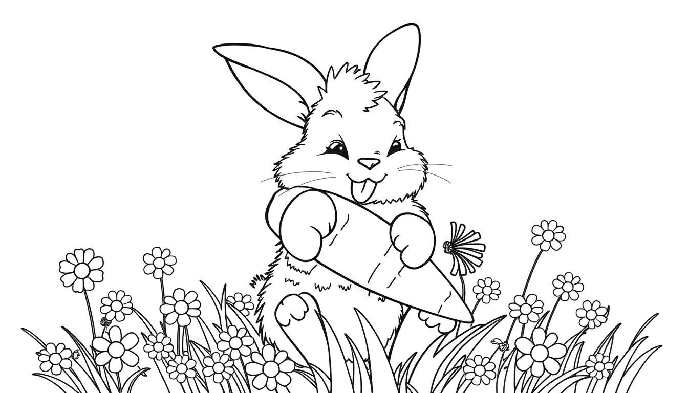 A fluffy bunny coloring panel happily munching on a carrot in a field of flowers.