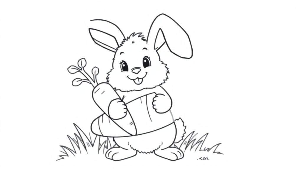 A cute bunny rabbit holding a giant carrot in a grass patch, ready for coloring as a color panel.