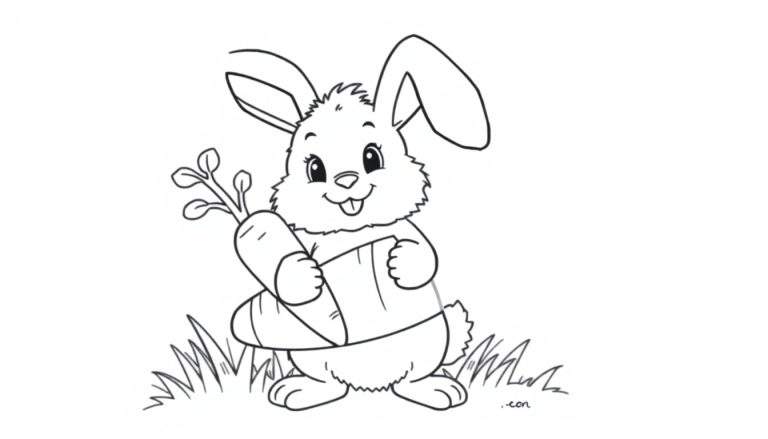 A cute bunny rabbit holding a giant carrot in a grass patch, ready for coloring as a color panel.