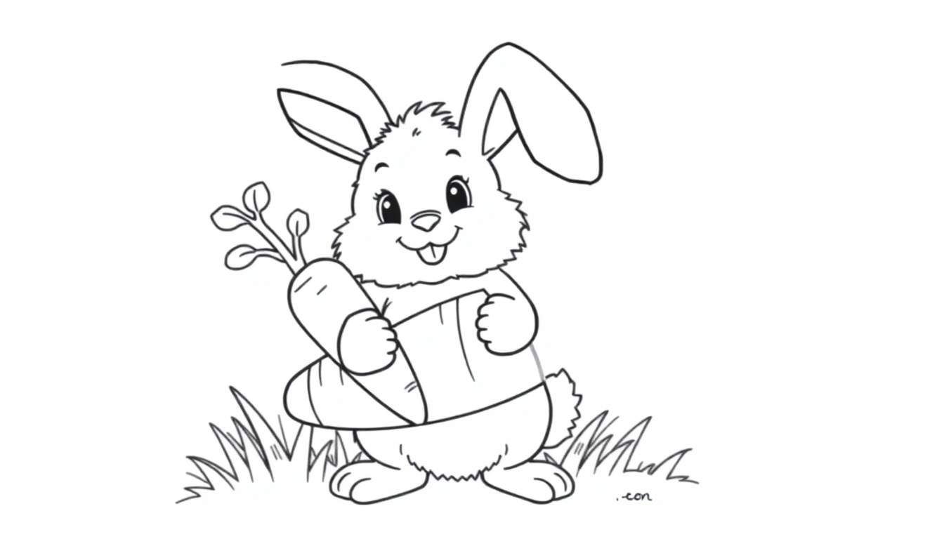 A cute bunny rabbit holding a giant carrot in a grass patch, ready for coloring as a color panel.