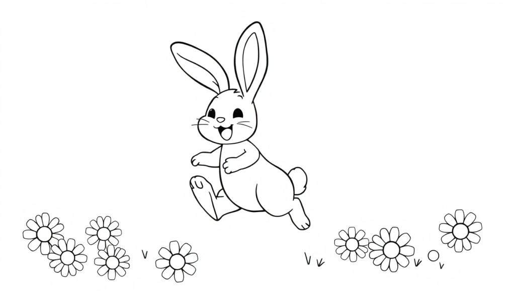 A happy bunny leaping through a field of daisies, ready for coloring. This black and white outline color panel is perfect for little artists!