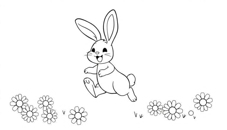 A happy bunny leaping through a field of daisies, ready for coloring. This black and white outline color panel is perfect for little artists!