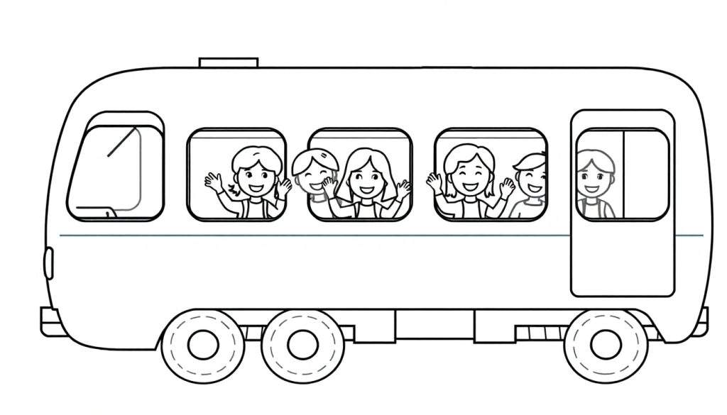 A cute black and white bus color panel with happy children waving from the windows, ready for coloring fun!