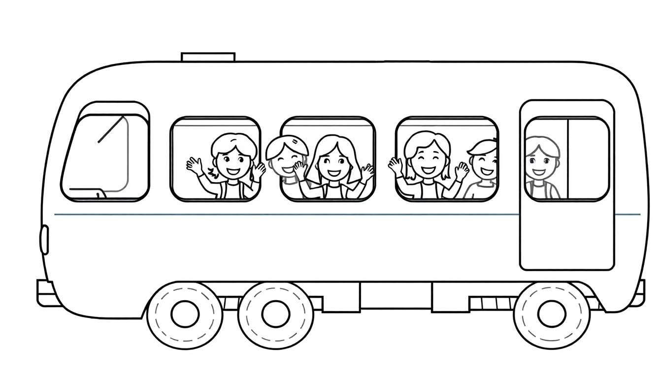 A cute black and white bus color panel with happy children waving from the windows, ready for coloring fun!