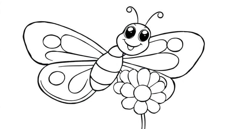 A cute cartoon butterfly, ready for coloring, with big friendly eyes and swirling wing patterns on a color panel.
