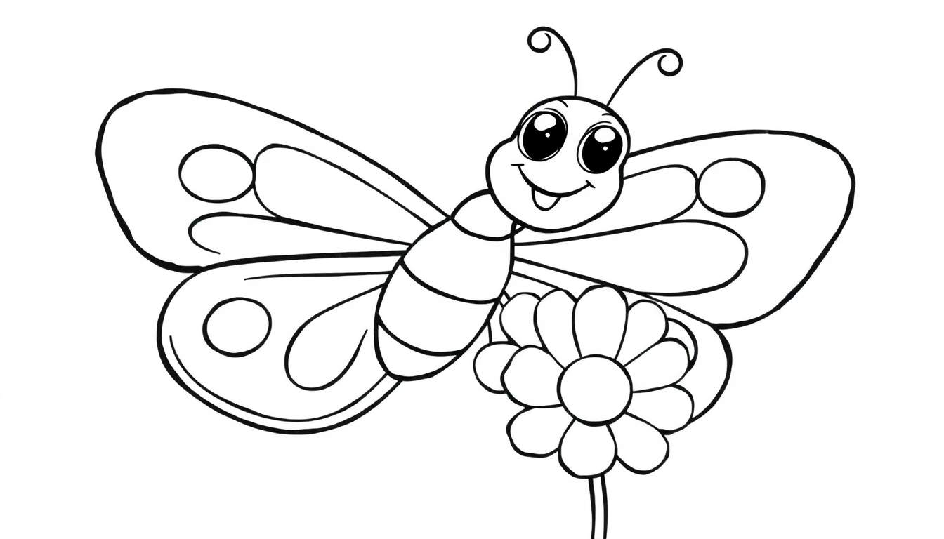 A cute cartoon butterfly, ready for coloring, with big friendly eyes and swirling wing patterns on a color panel.