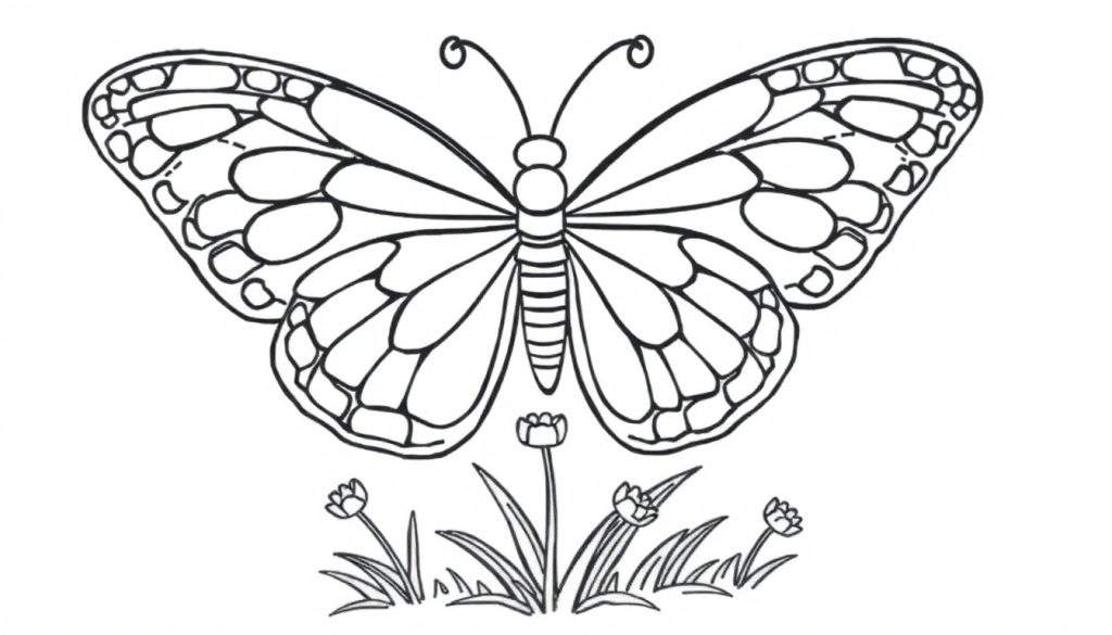 A happy butterfly with big, detailed wings ready for coloring on a color panel.