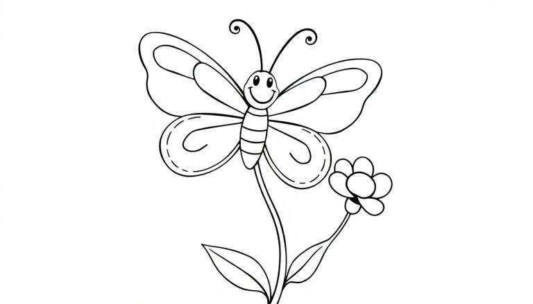 A black and white color panel illustration of a smiling butterfly with large wings on a flower.