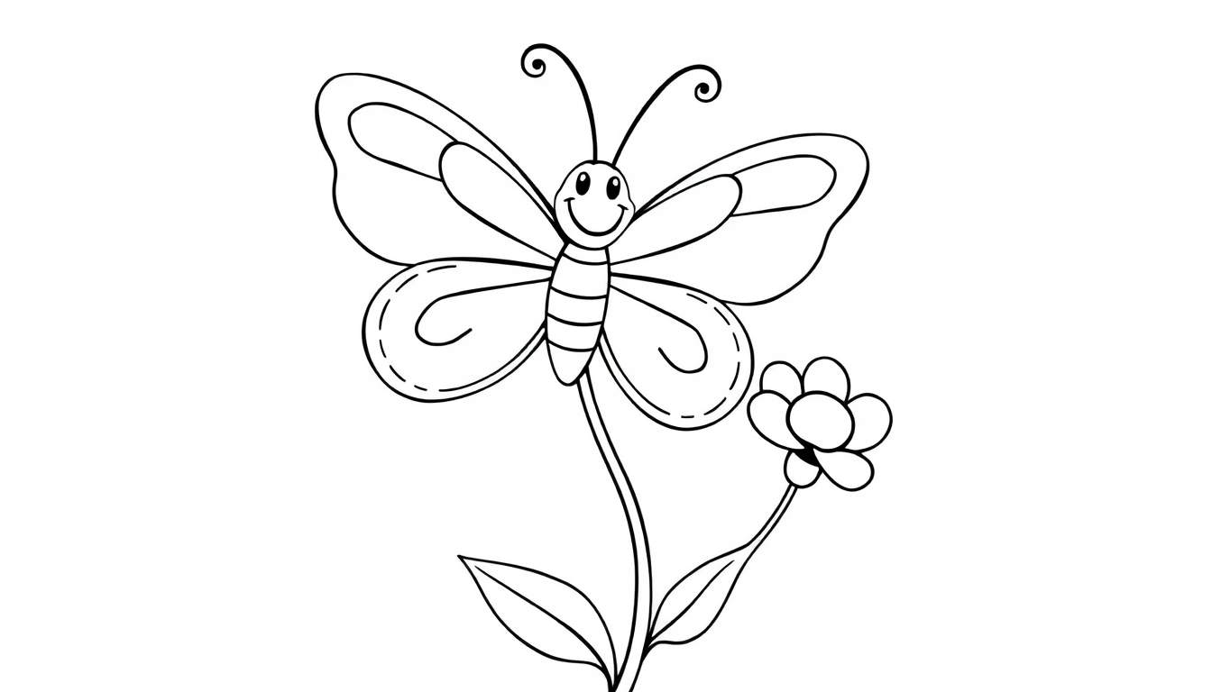 A black and white color panel illustration of a smiling butterfly with large wings on a flower.