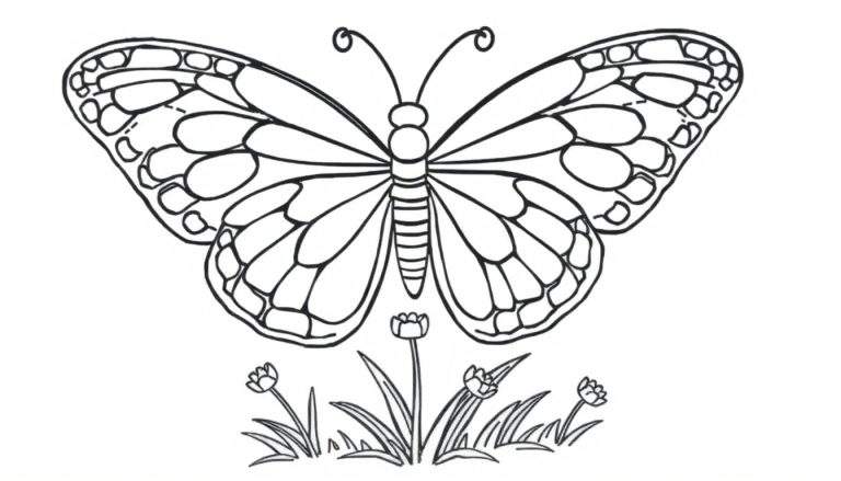 A happy butterfly with big, detailed wings ready for coloring on a color panel.