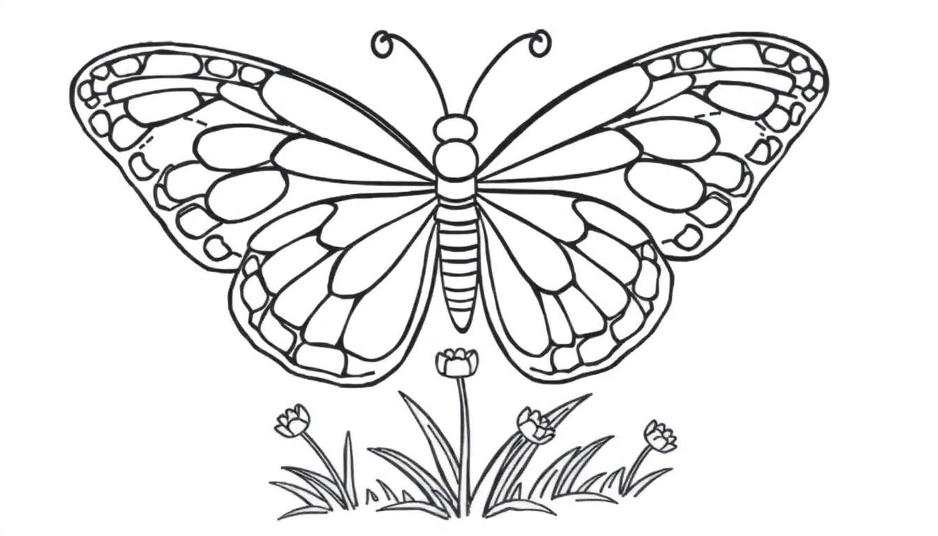 A happy butterfly with big, detailed wings ready for coloring on a color panel.