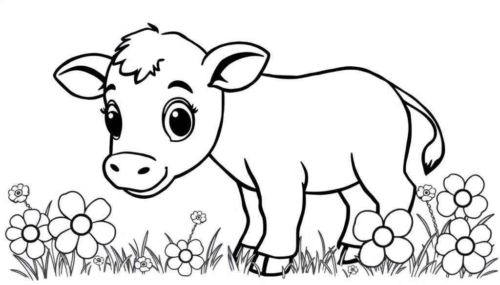 A black and white color panel drawing of a cute calf with big eyes in a field of flowers.