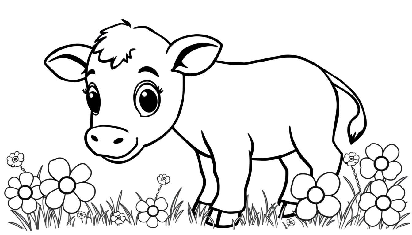 A black and white color panel drawing of a cute calf with big eyes in a field of flowers.