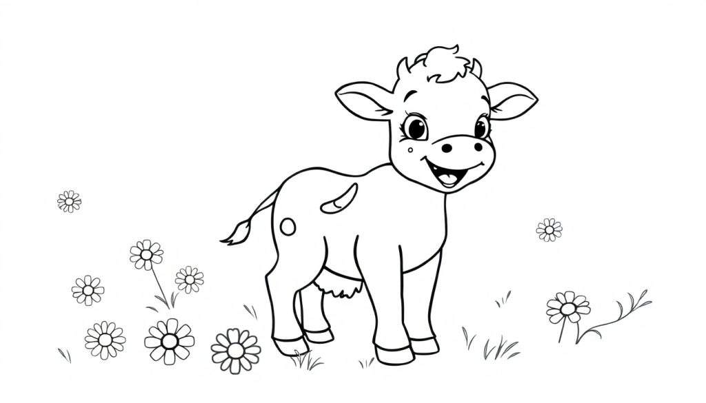 A cute cartoon calf in a black and white color panel, standing in a field of flowers and grass.