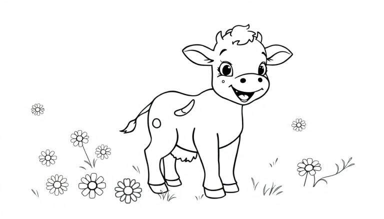 A cute cartoon calf in a black and white color panel, standing in a field of flowers and grass.