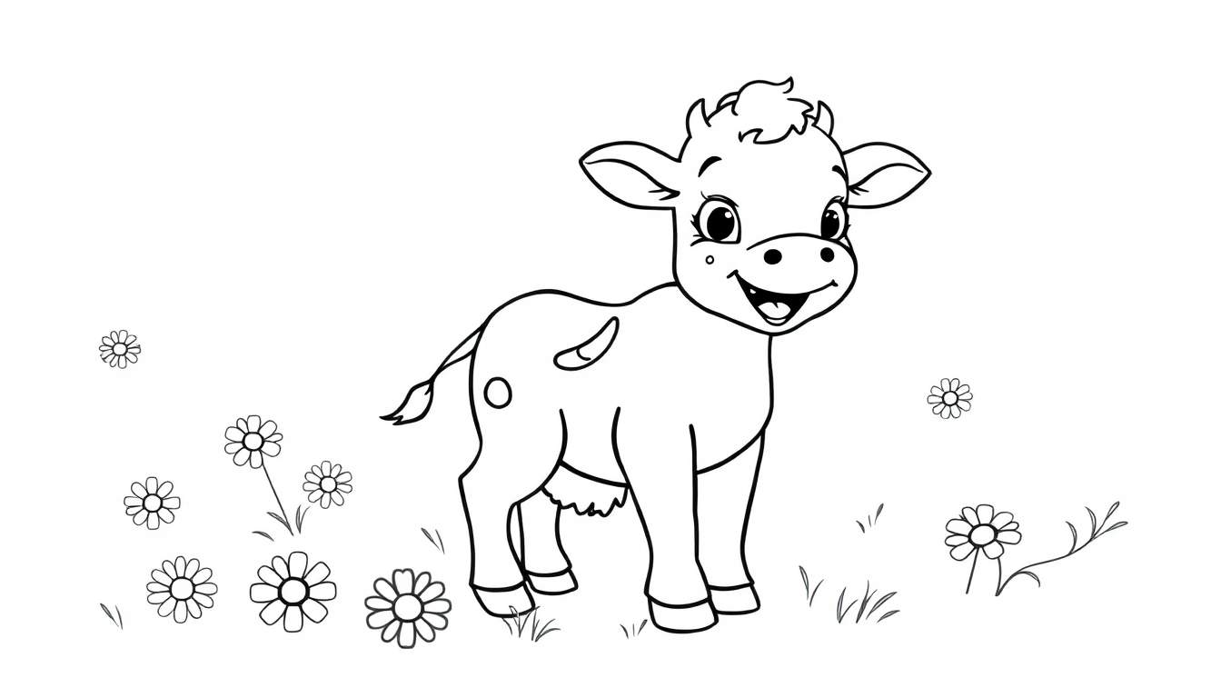 A cute cartoon calf in a black and white color panel, standing in a field of flowers and grass.