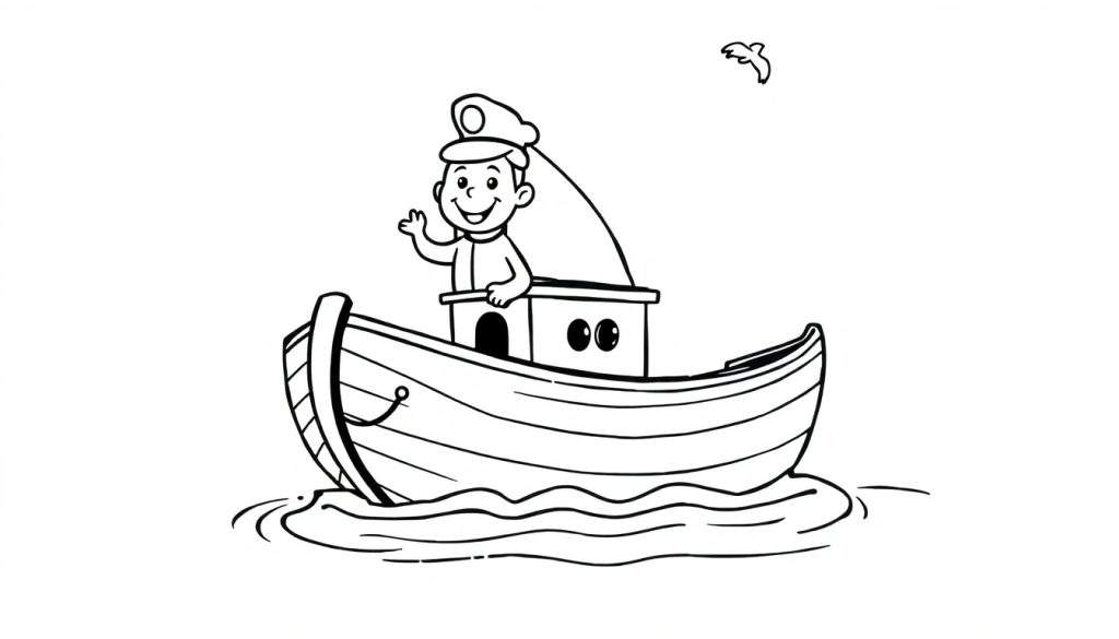 A smiling boy in a captain's hat waves from a small boat, ready for coloring fun on this color panel.